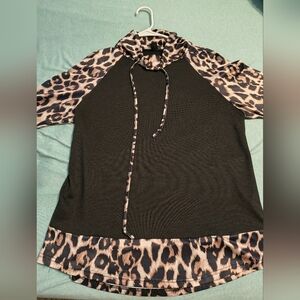 Shein Black Hoodie Tunic with Leopard Trim